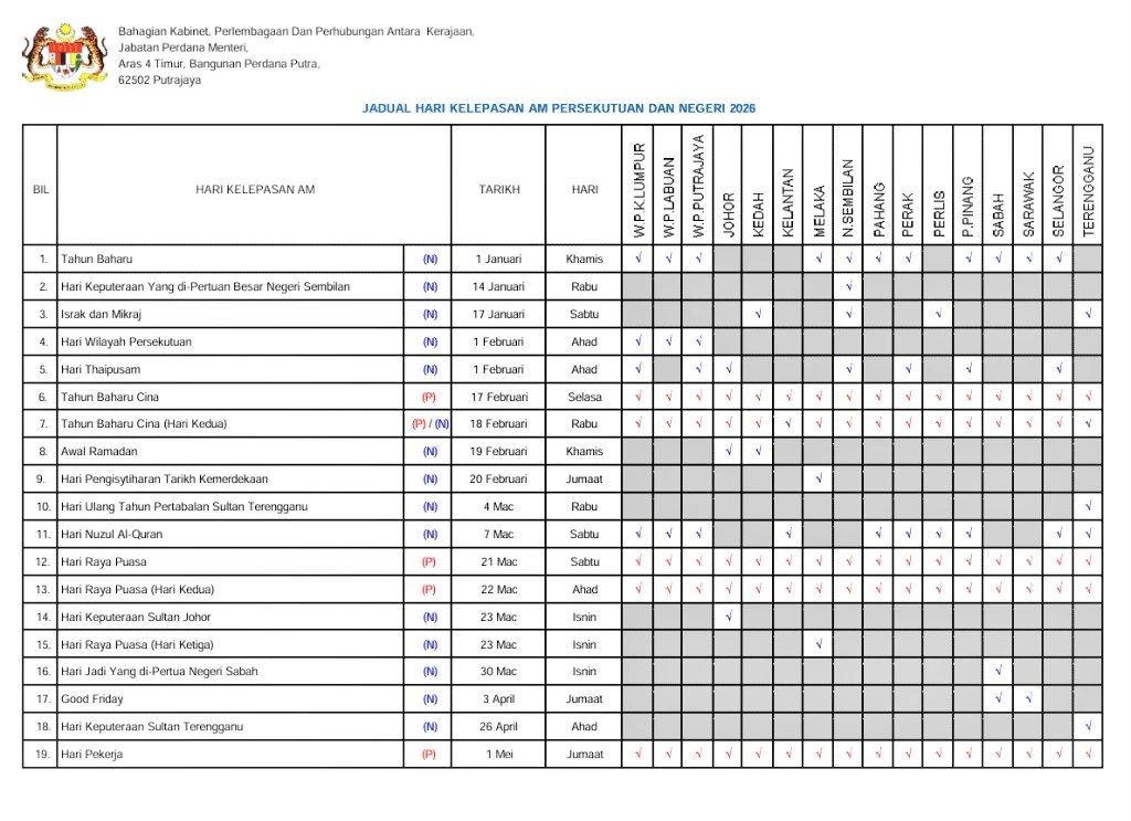 Kalendar 2026 4 JADUAL CUTI UMUM PERSEKUTUAN DAN NEGERI 2026