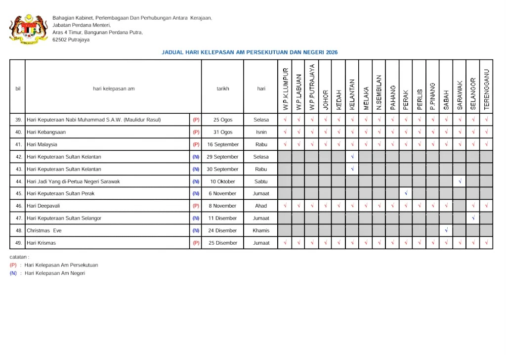 Kalendar 2026 6 JADUAL CUTI UMUM PERSEKUTUAN DAN NEGERI 2026