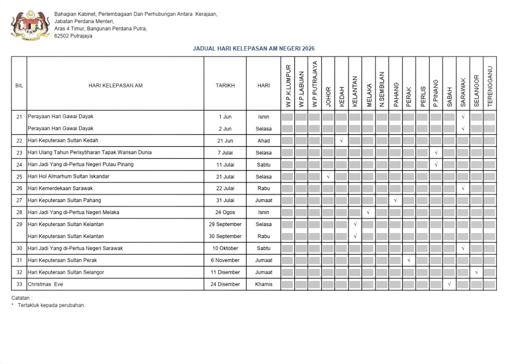 Kalendar 2026 2 JADUAL CUTI NEGERI 2026